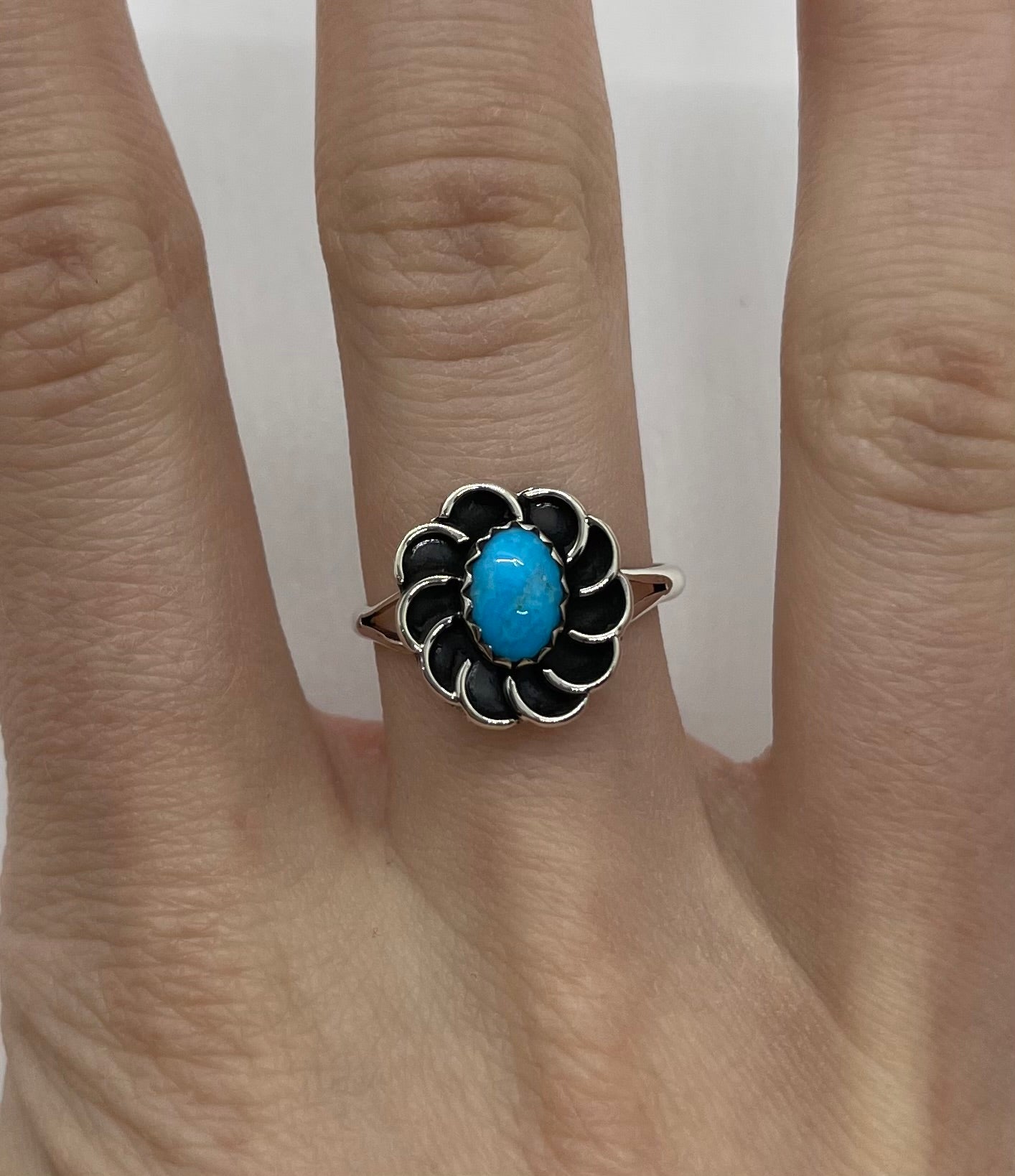 8.0 Sleeping Beauty Turquoise Flower Ring by Sadie Jim, Navajo
