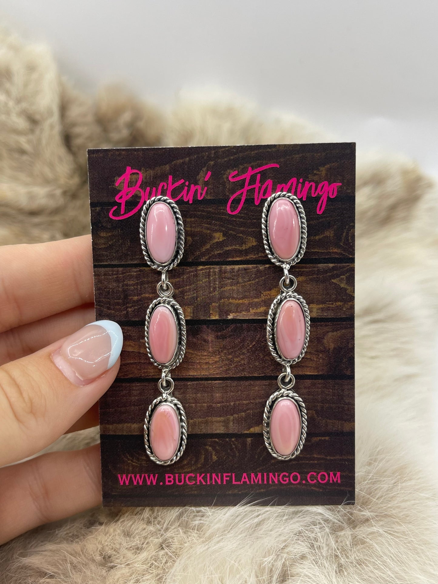 3 Stone Drop Dangles Pink Conch Shell Earrings