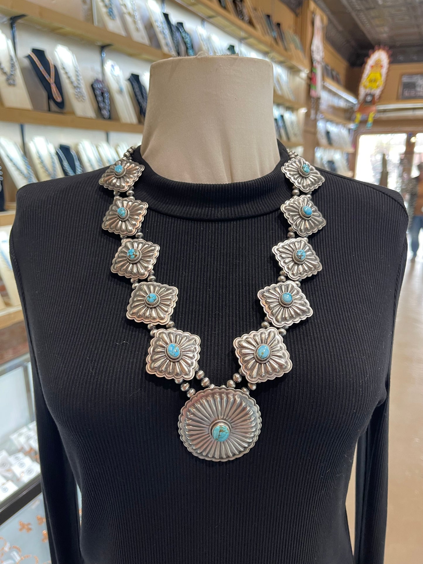 26" Concho Necklace with Turquoise & Earring Set by Tom Lewis, Navajo