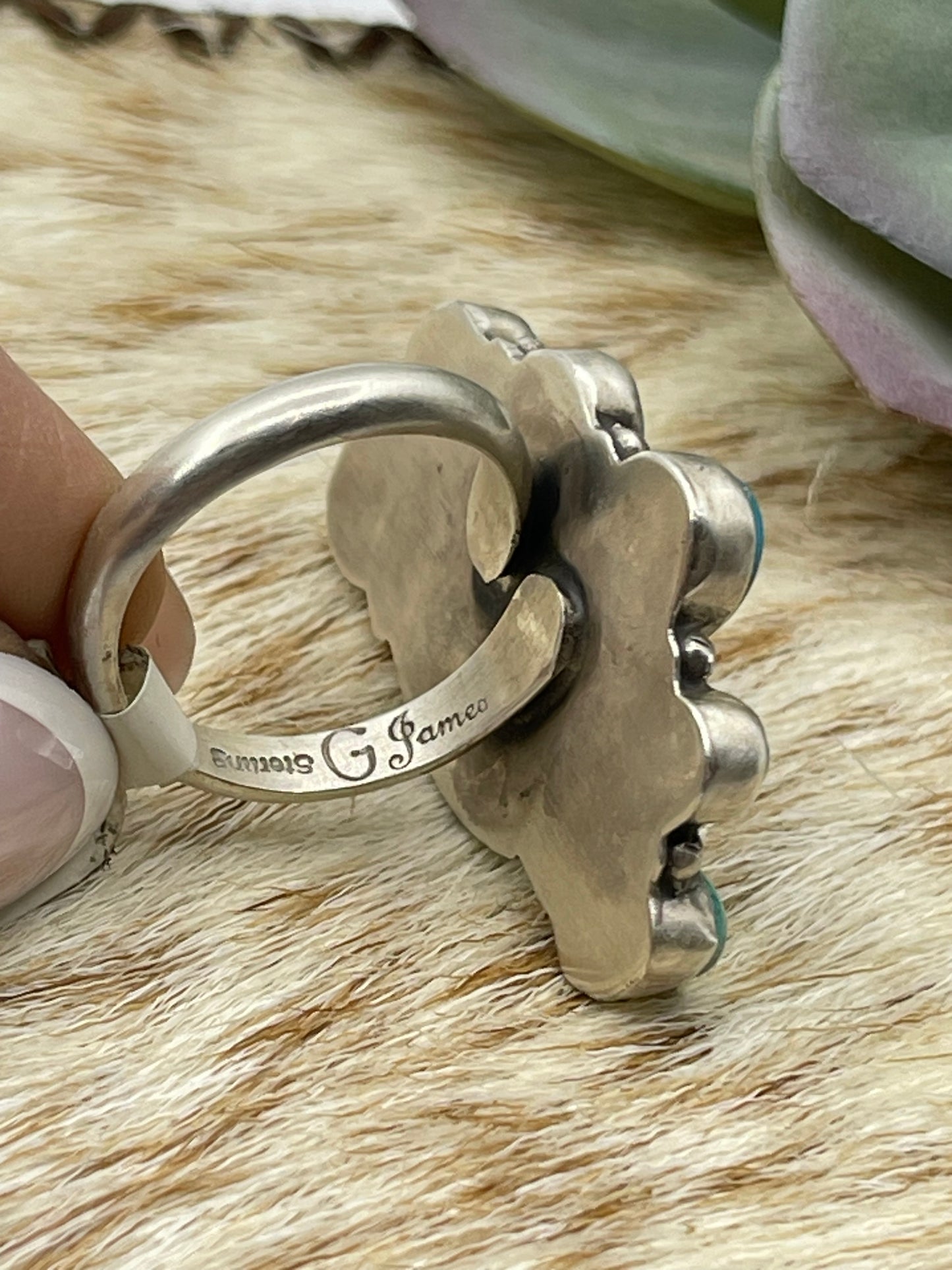 6.0-10.0 Adjustable Kingman Turquoise Half Cluster Ring by Geraldine James, Navajo