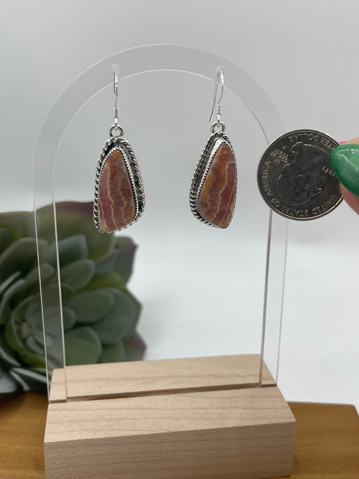 Triangle Rhodochrosite Dangle Earrings by Duane Smith, Navajo