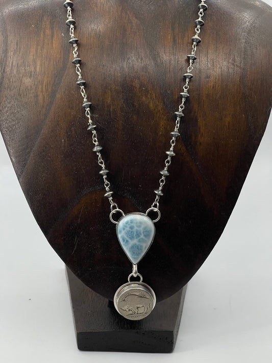 18" Larimar Rosary Style Necklace by Calvin Delgarito, Navajo
