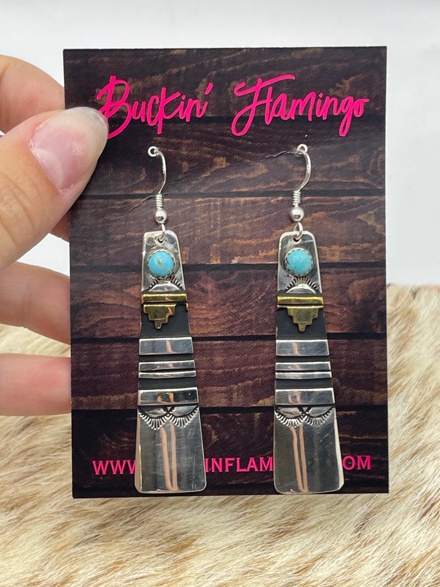 Silver and Brass Overlay Dangle Earrings with Turquoise by Tommy and Rose Singer, Navajo