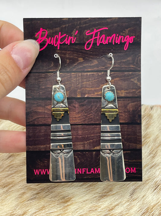 Silver and Brass Overlay Dangle Earrings with Turquoise by Tommy and Rose Singer, Navajo