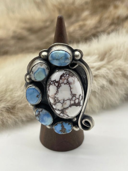 Adjustable (8.0-10.0) Golden Hills Turquoise & Wild Horse Heavy Silver Ring by Delbert Secatero, Navajo
