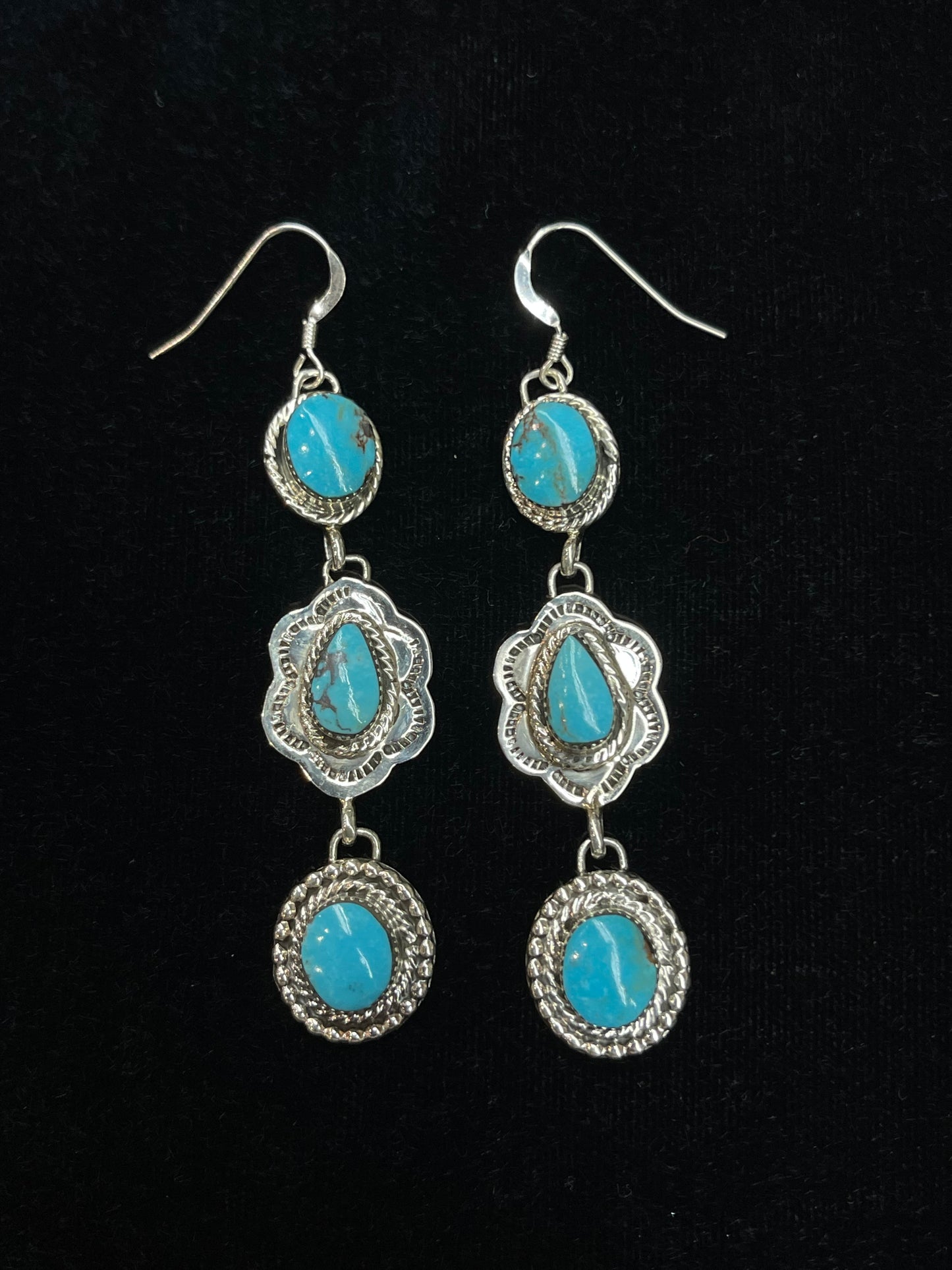 Three Stone Turquoise Dangle Earrings by Marie Jones, Navajo