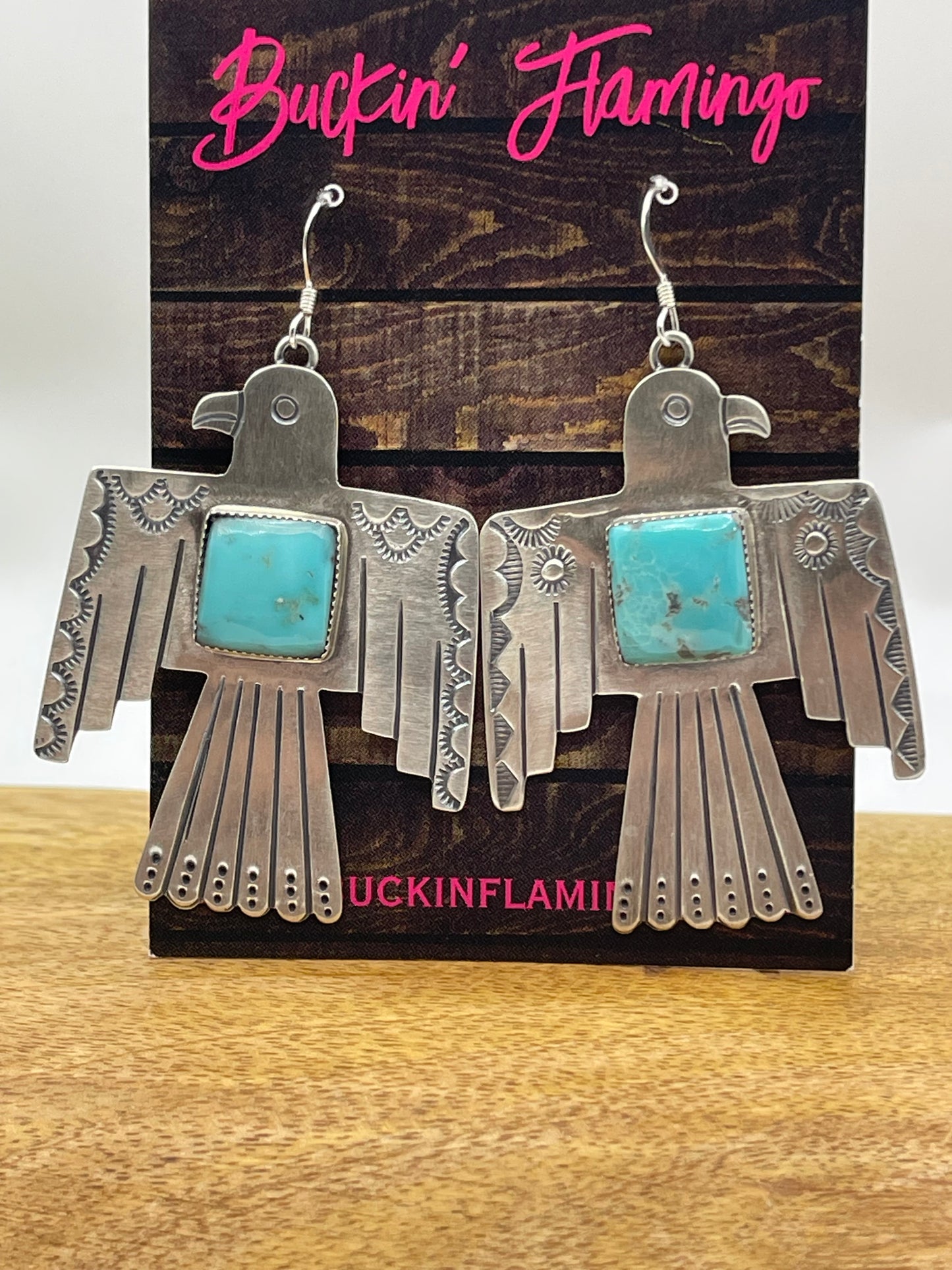 Kingman Turquoise Thunderbird Dangle Earrings by Jeremy Delgarito, Navajo