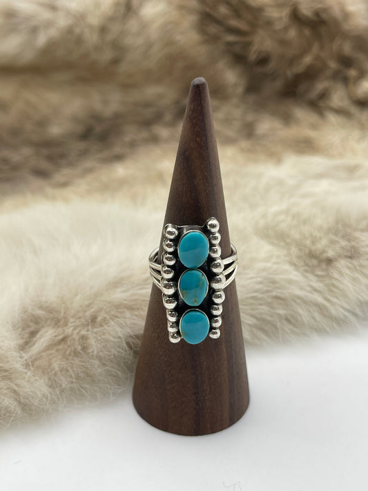 8.0 3 Stone Turquoise Ring by Sadie Jim, Navajo