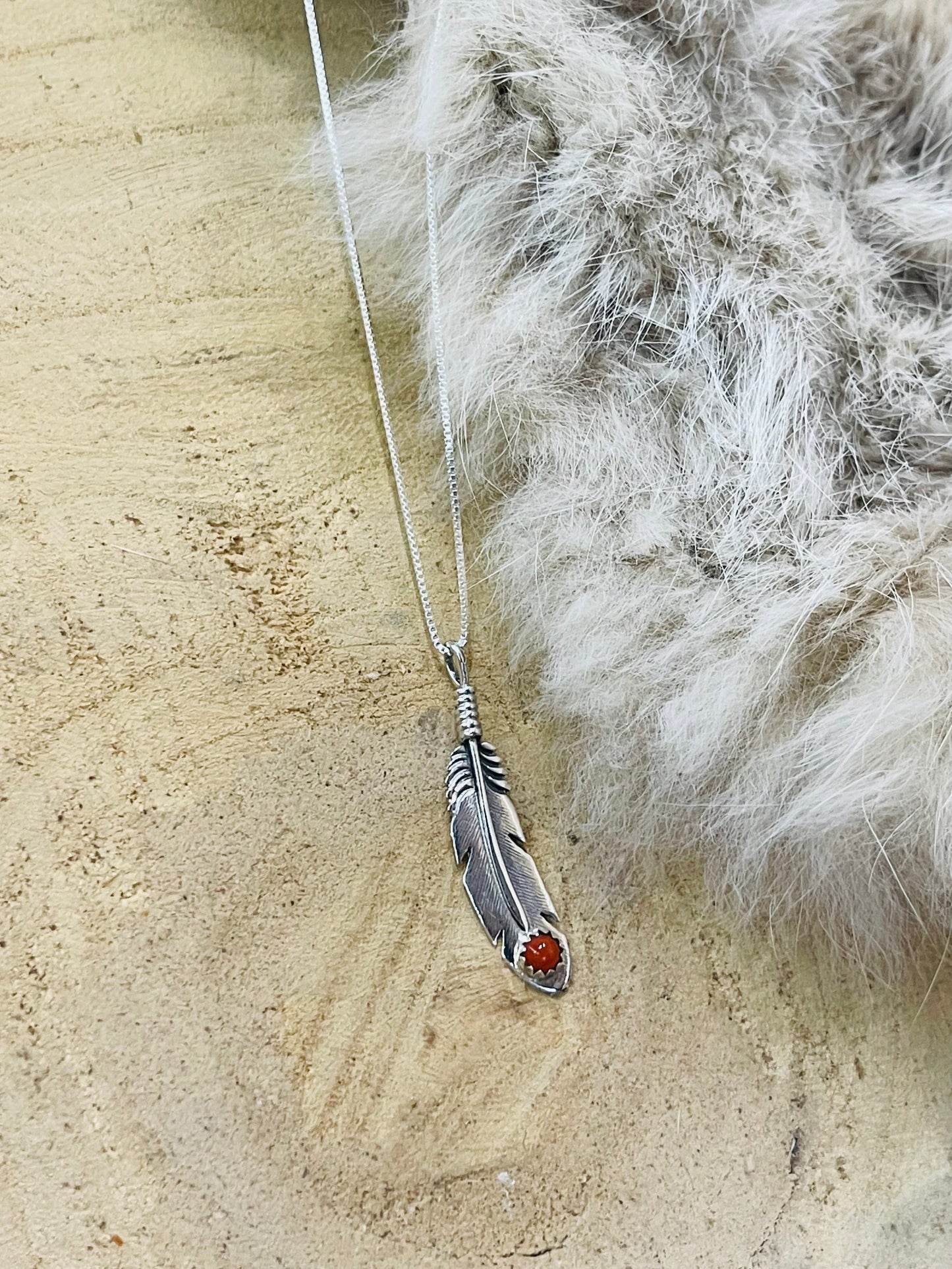 20" Feather Pendant with Coral Stone by Louise Joe, Navajo
