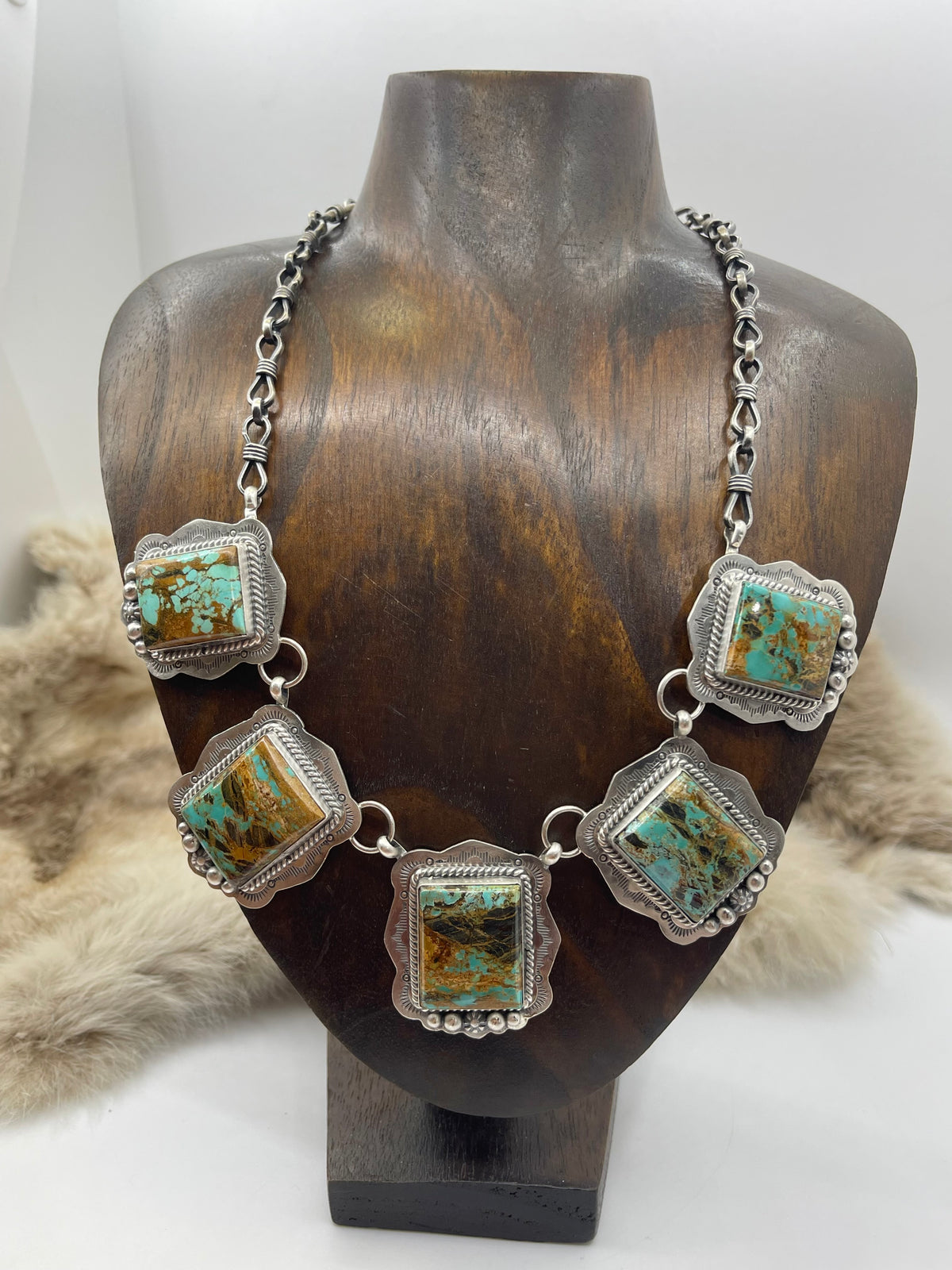 18" 5 Stone Blackjack Turquoise Necklace by Lyle Piaso, Navajo