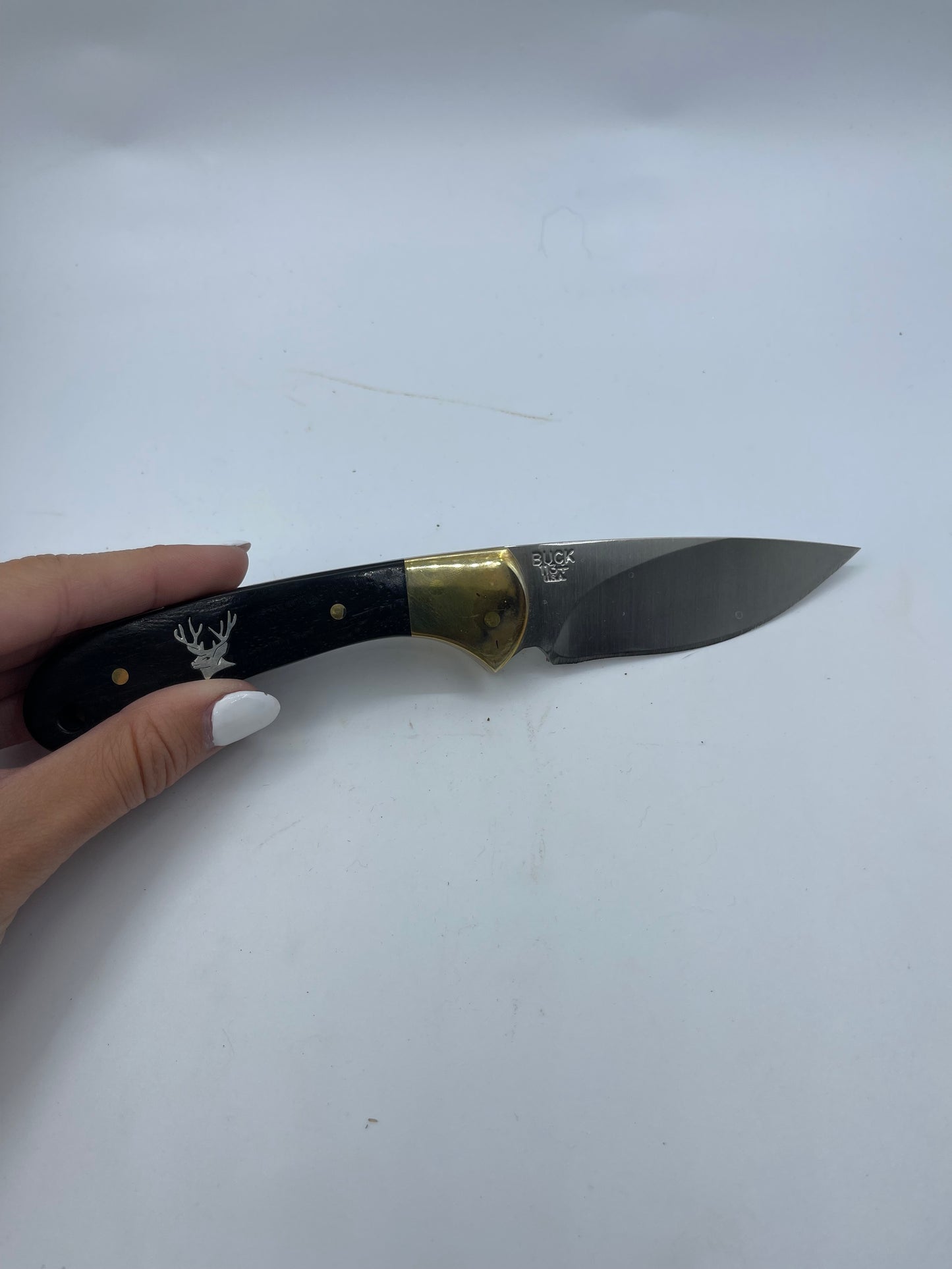 7 1/4" Buck Knife with Silver Inlaid Elk and Black Sheath, Navajo