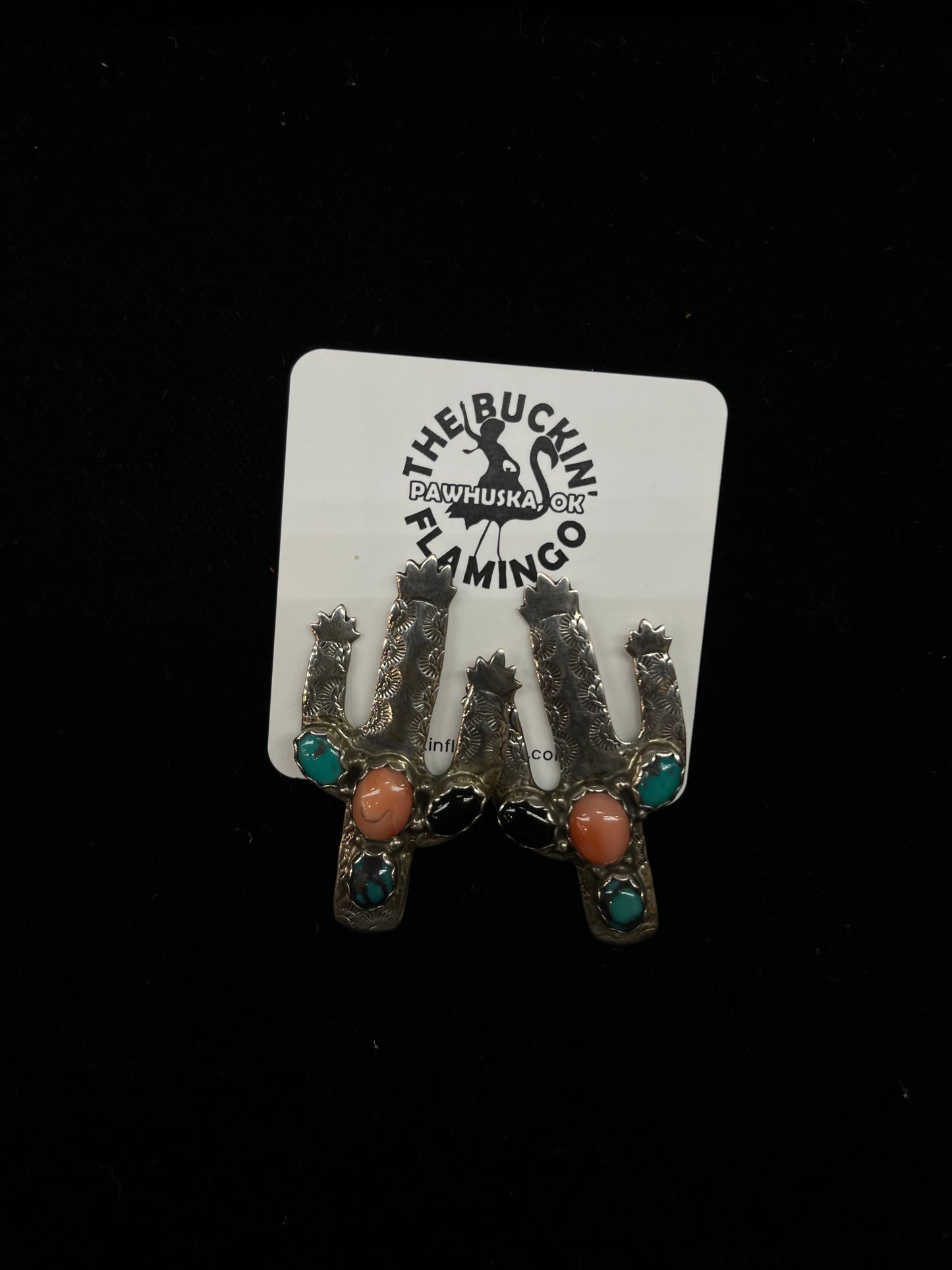 Vintage Black Onyx, Pink Conch Shell, and Turquoise Cactus Pendant and Earrings Set