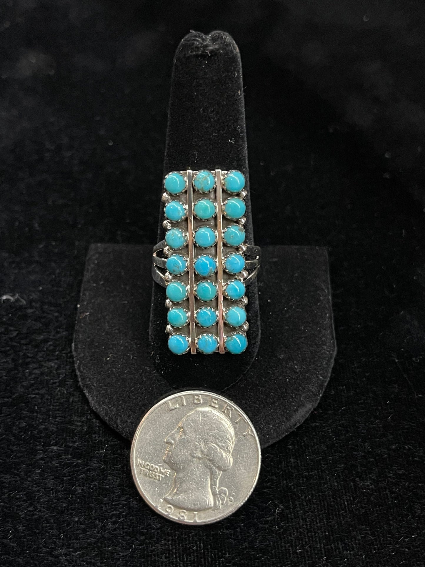 21 Stone Turquoise Ring by Kenny Lonjose, Zuni