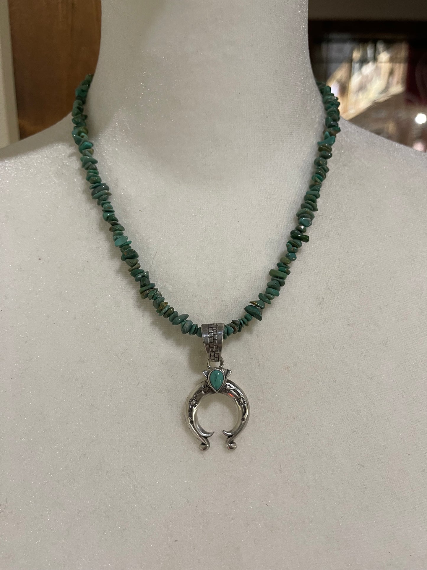 18" Turquoise Chunk Necklace with Naja Pendant by Adrienne Gordon, Navajo