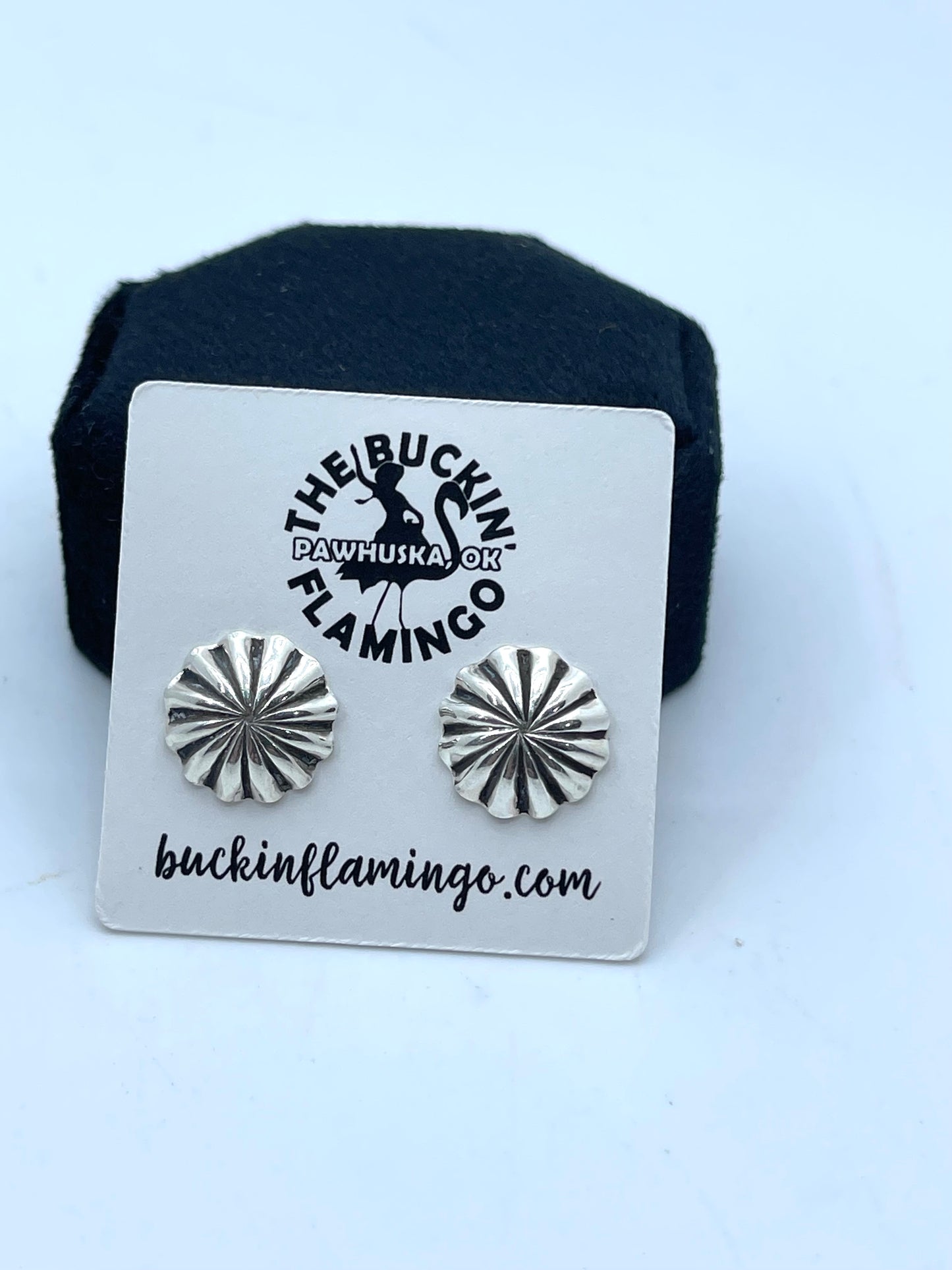 Small Silver Concho Stud Earrings by Sally Shurley, Navajo