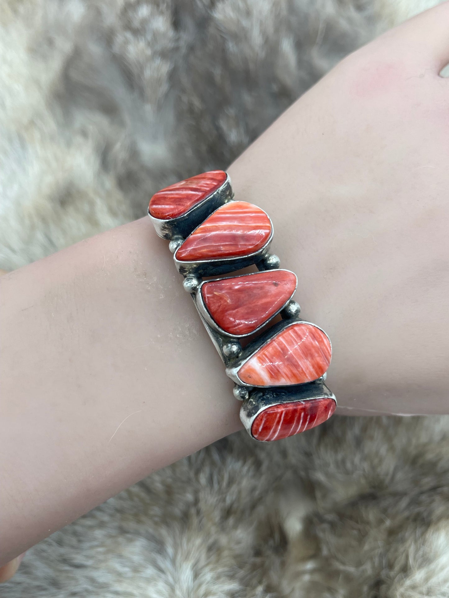 5 Stone Red Spiny Oyster Cuff by Augustine Largo, Navajo