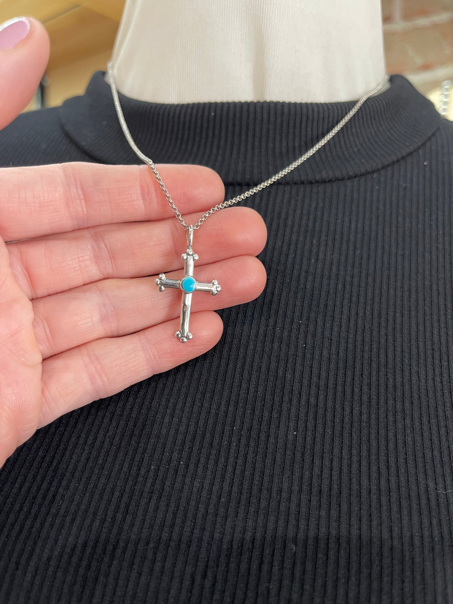 18" Silver Cross with Turquoise Stone Necklace