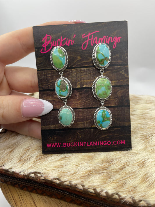 3 Stone Drop Dangle Post Sonoran Gold Turquoise Earrings