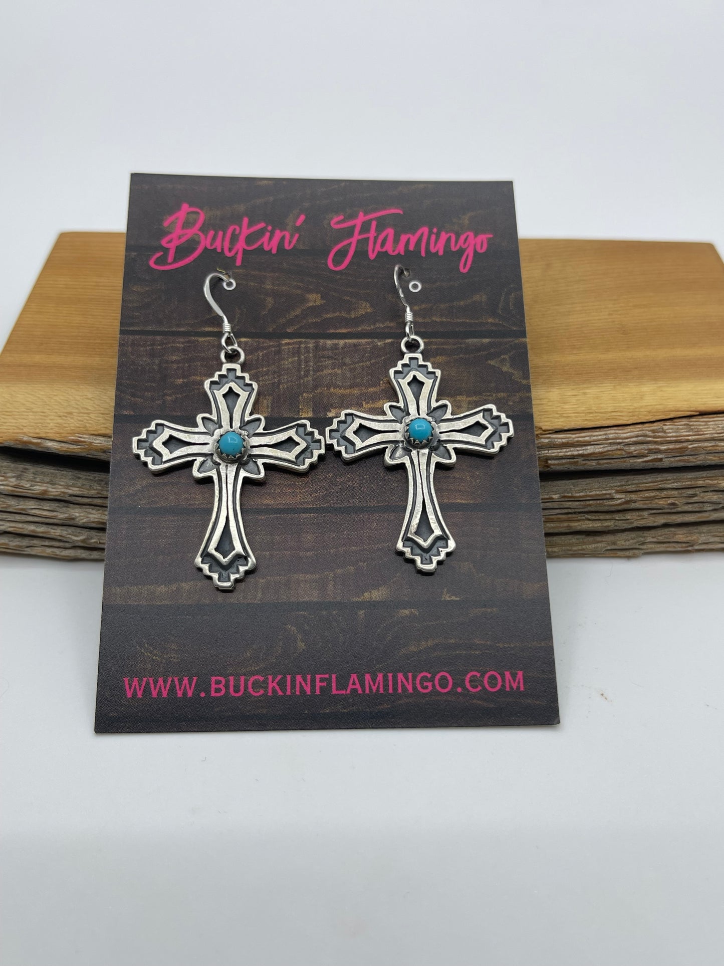 Silver Overlay Turquoise Cross Dangle Earrings by Louise Joe, Navajo