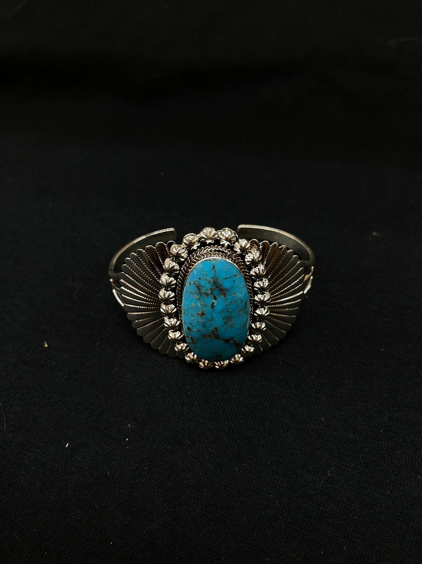 6"-7 1/2" Kingman Turquoise Oval Seashell Cuff by Calvin Belin, Navajo