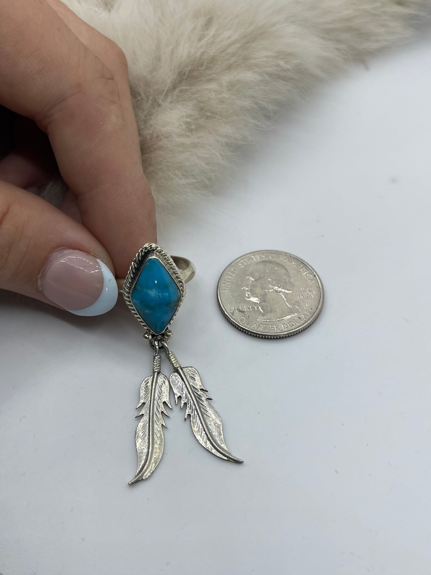 7.0 Turquoise Ring with Feathers by Jerome Lee, Navajo
