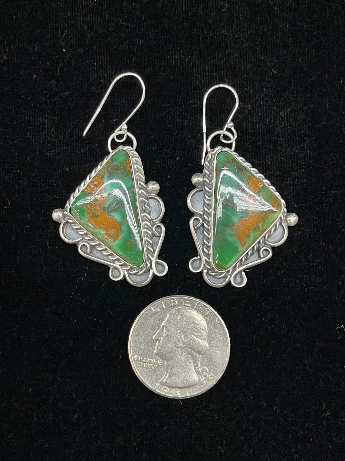 Mantis Turquoise Triangle Dangle Earrings by Terrell Nez, Sr. Navajo