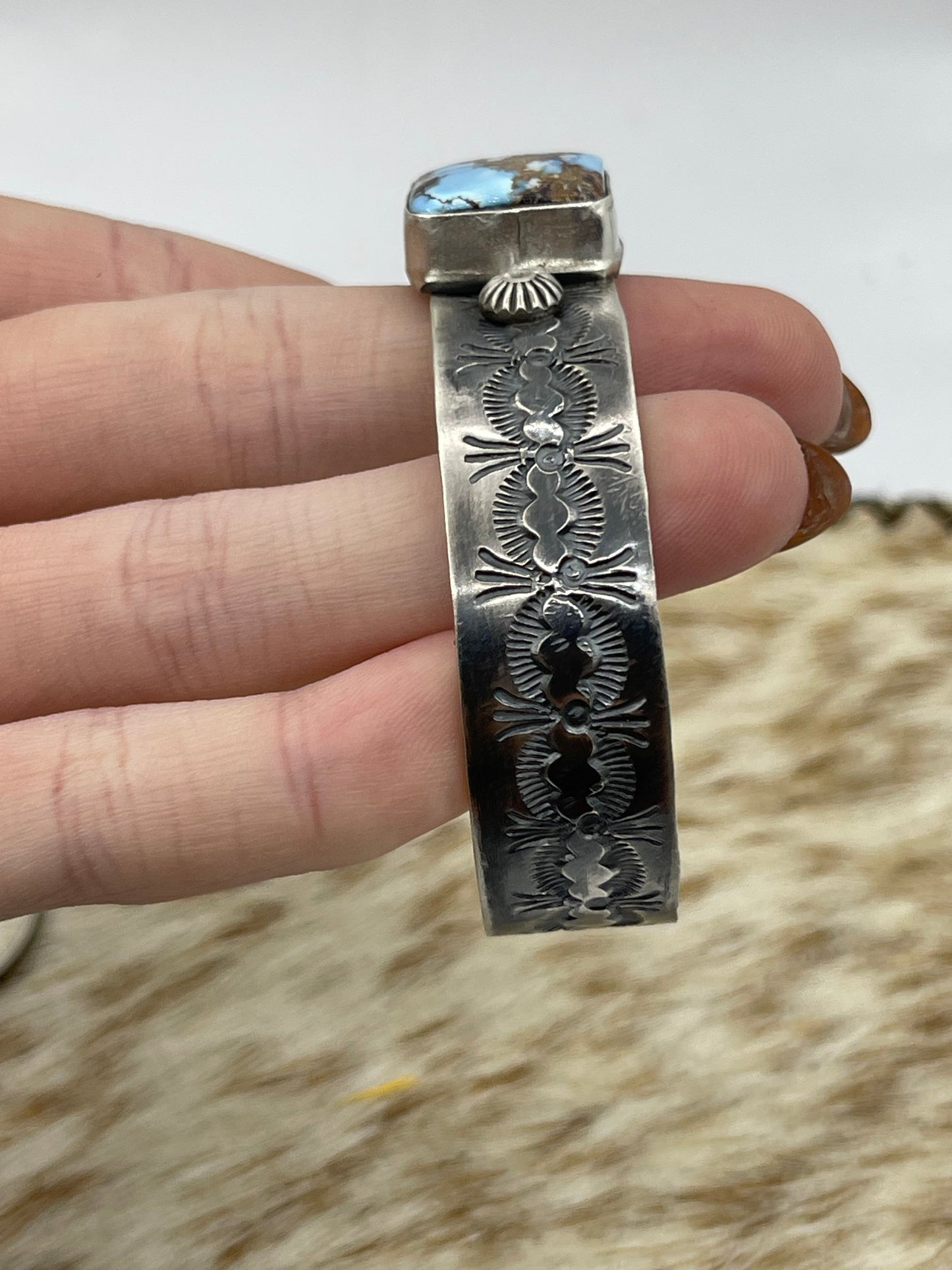 6”-8” Golden Hills Turquoise Stamped Cuff by Jeff Largo, Navajo