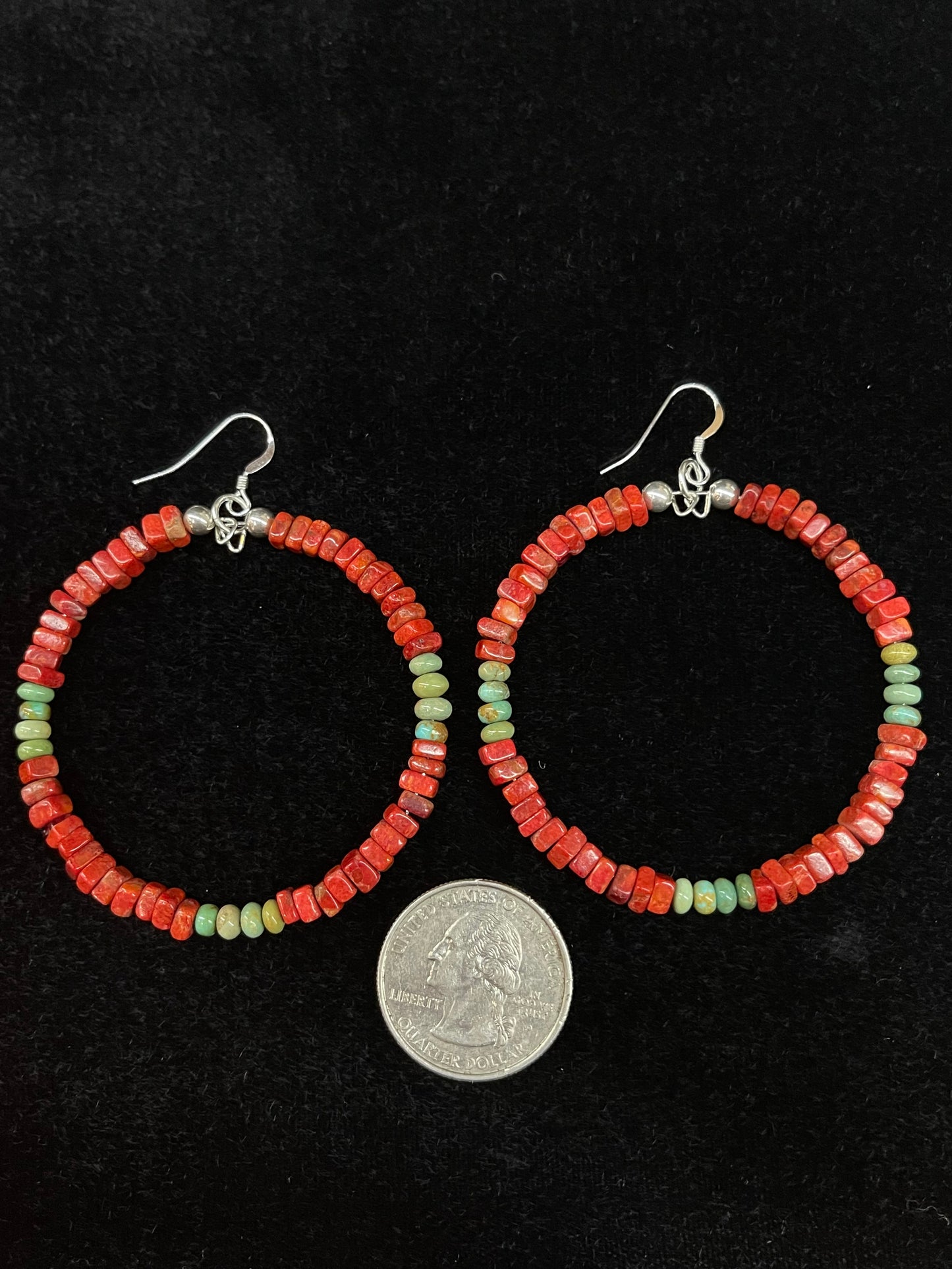 Red Apple Coral and Green Turquoise Hoop Earrings by Santo Domingo