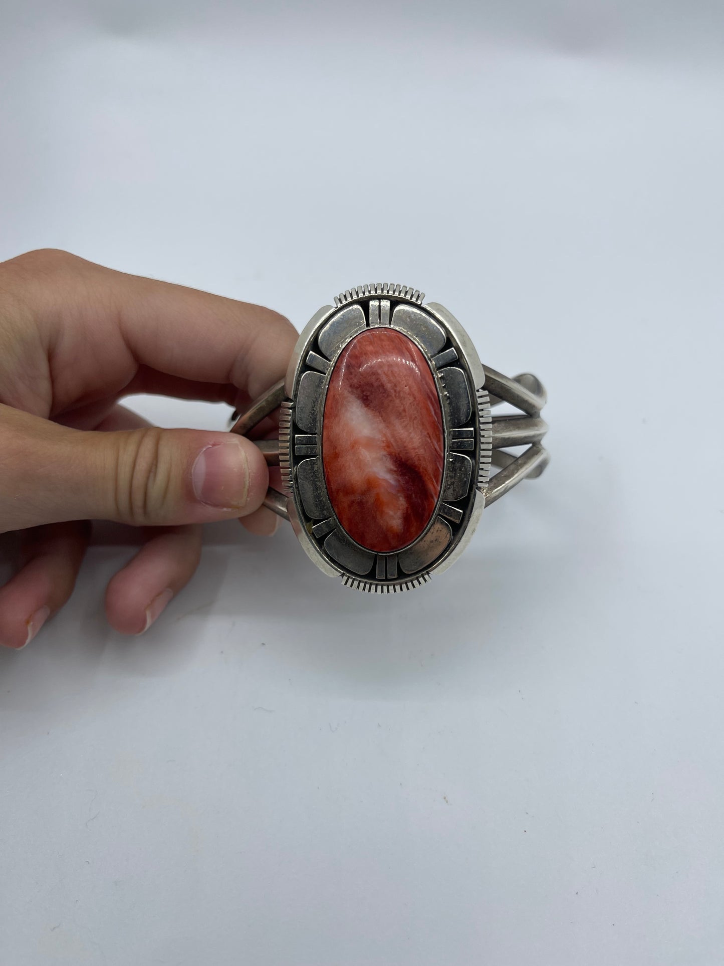5 1/2"- 7 1/4" Red Spiny Oyster Shell Oval Cuff by Charles Johnson, Navajo