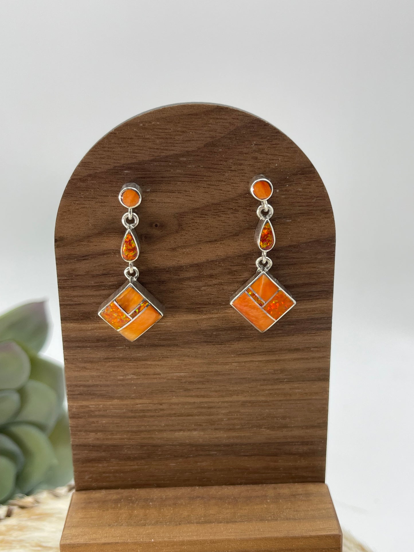 Orange Spiny Oyster & Opal Post Earrings by James Manygoats, Navajo