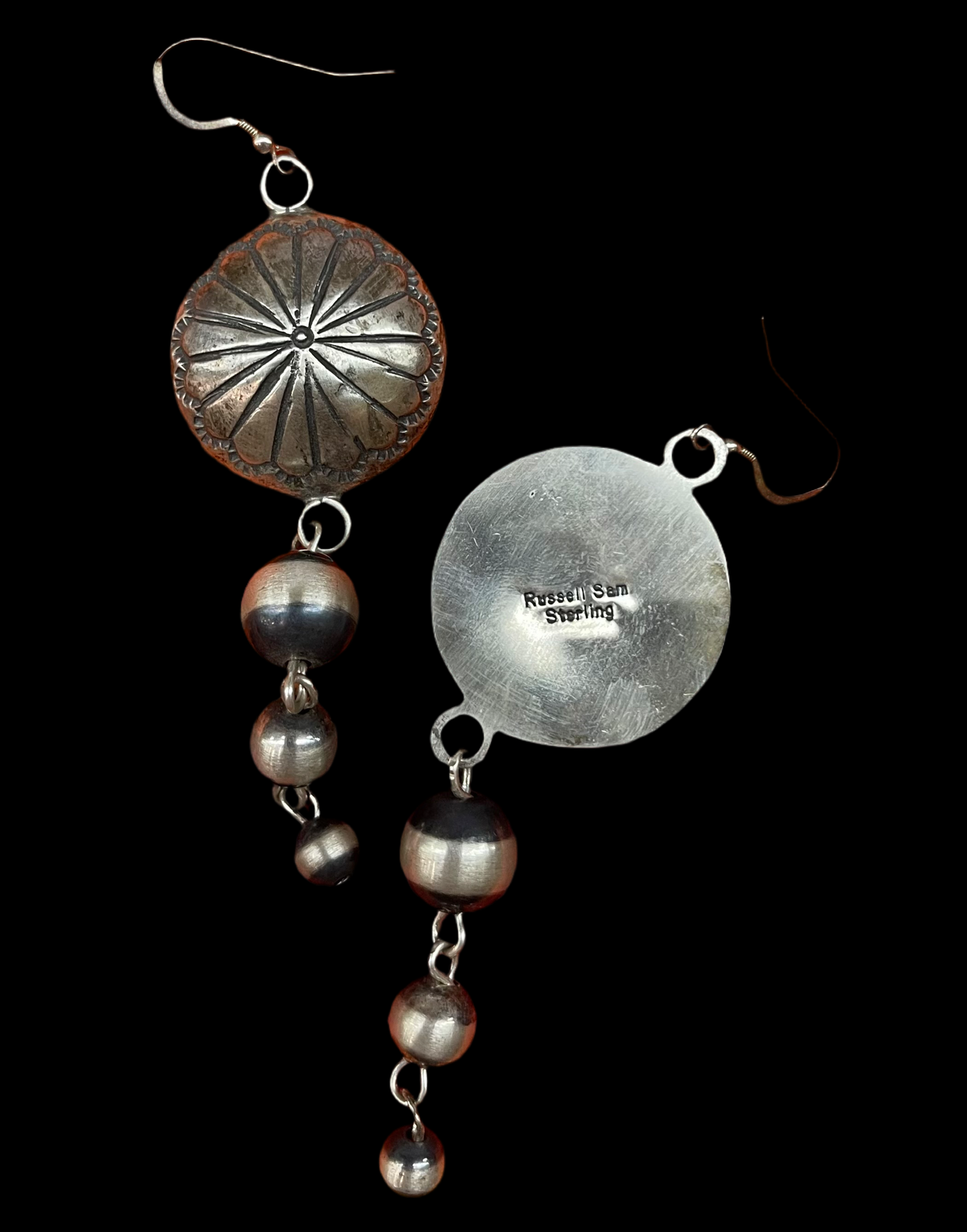 Stamped Serling Silver Discs with Graduating Navajo Pearl Dangle Earrings by Russell Sam, Navajo