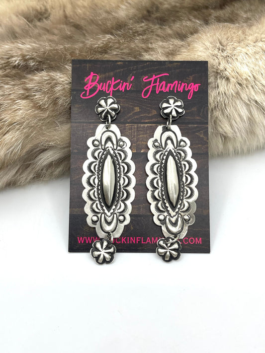 Concho Post Dangle Earrings with Stamping by Leander Tahe, Navajo