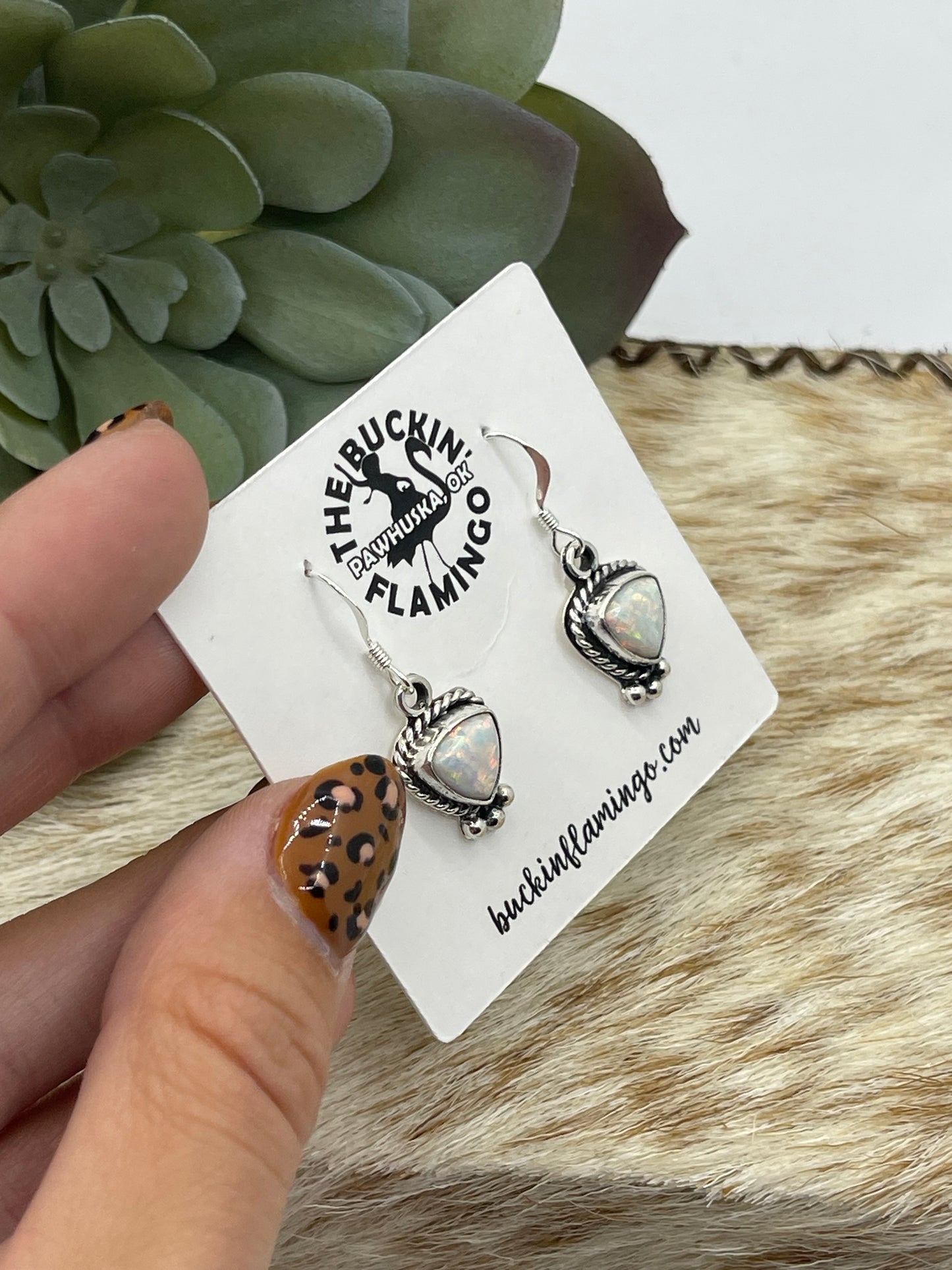 White Opal Rounded 11 mm Triangle Dangle Earrings