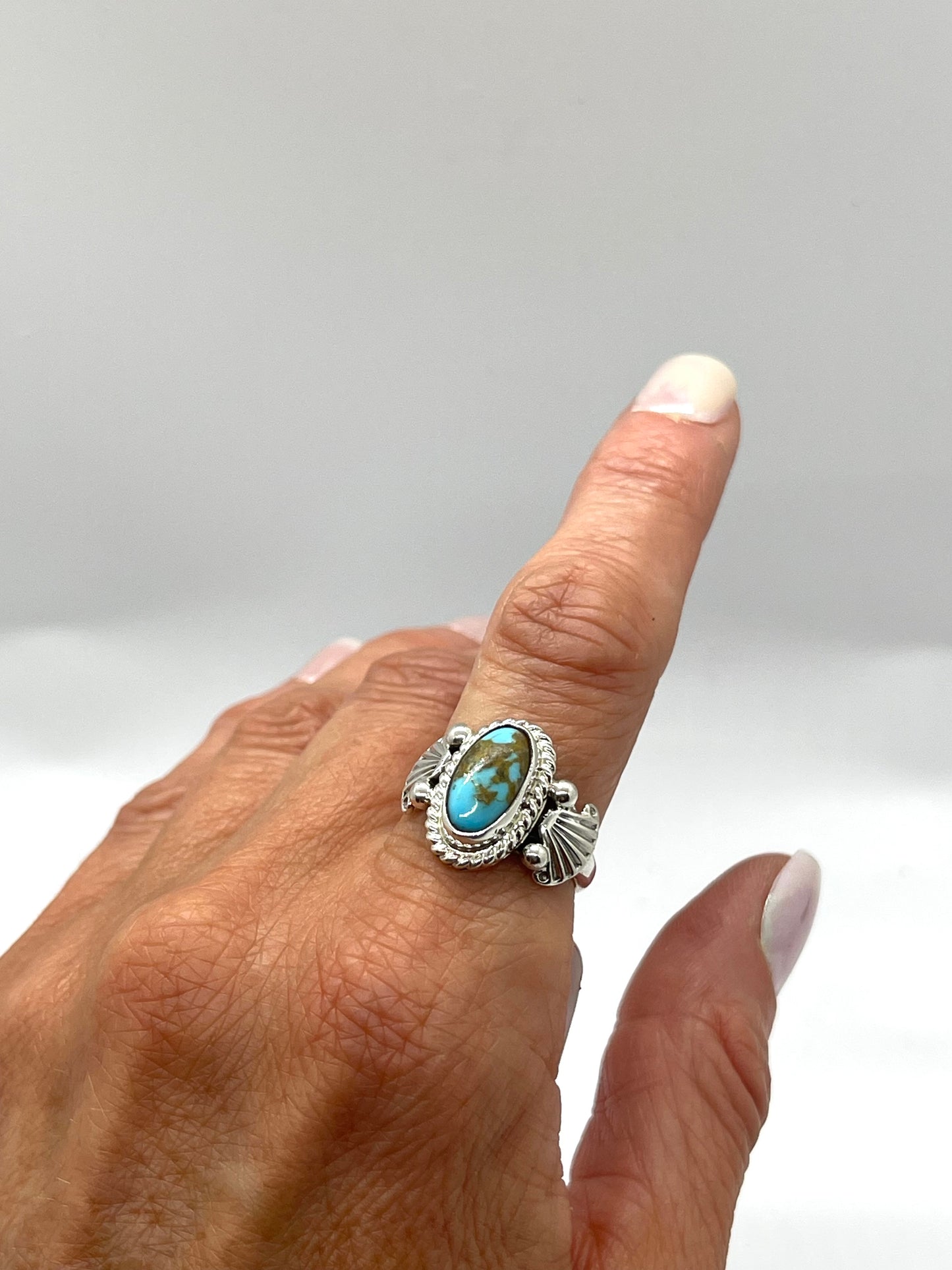 8.0 Turquoise Oval Ring by Alice Sanders, Navajo