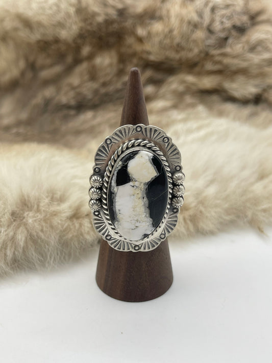 Adjustable 7.0-10.0 White Buffalo Ring with Stamped "L" by Artist