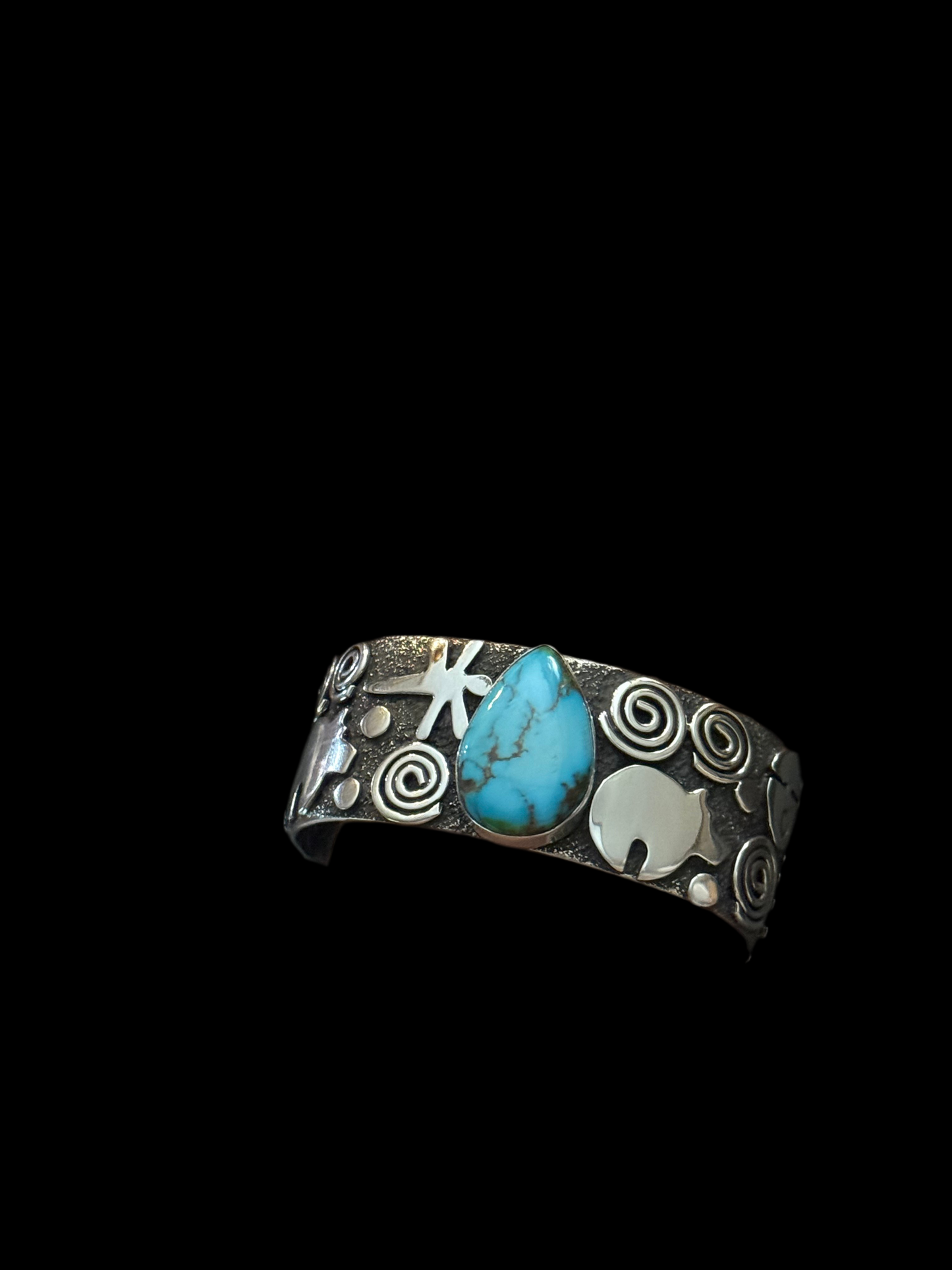 Petroglyph Cuff with High Grade Kingman Turquoise by Alex Sanchez, Navajo (medium width)