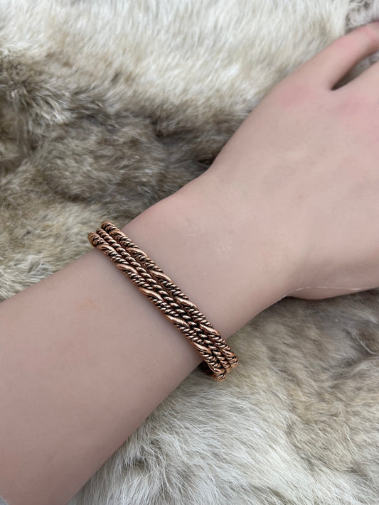 5.25"-6.75" 3 Row Twisted Wire Copper Cuff by Elaine Tahe, Navajo