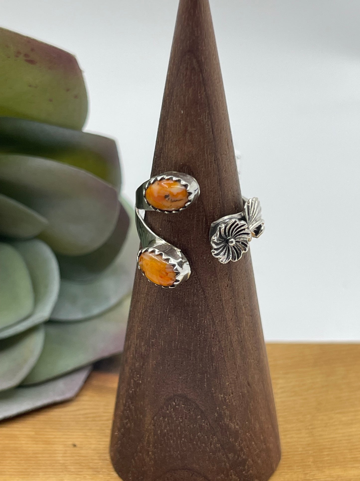 6.0 Semi Adjustable 2 Stone Orange Spiny Oyster Shell Ring by Robert Martinez, Navajo