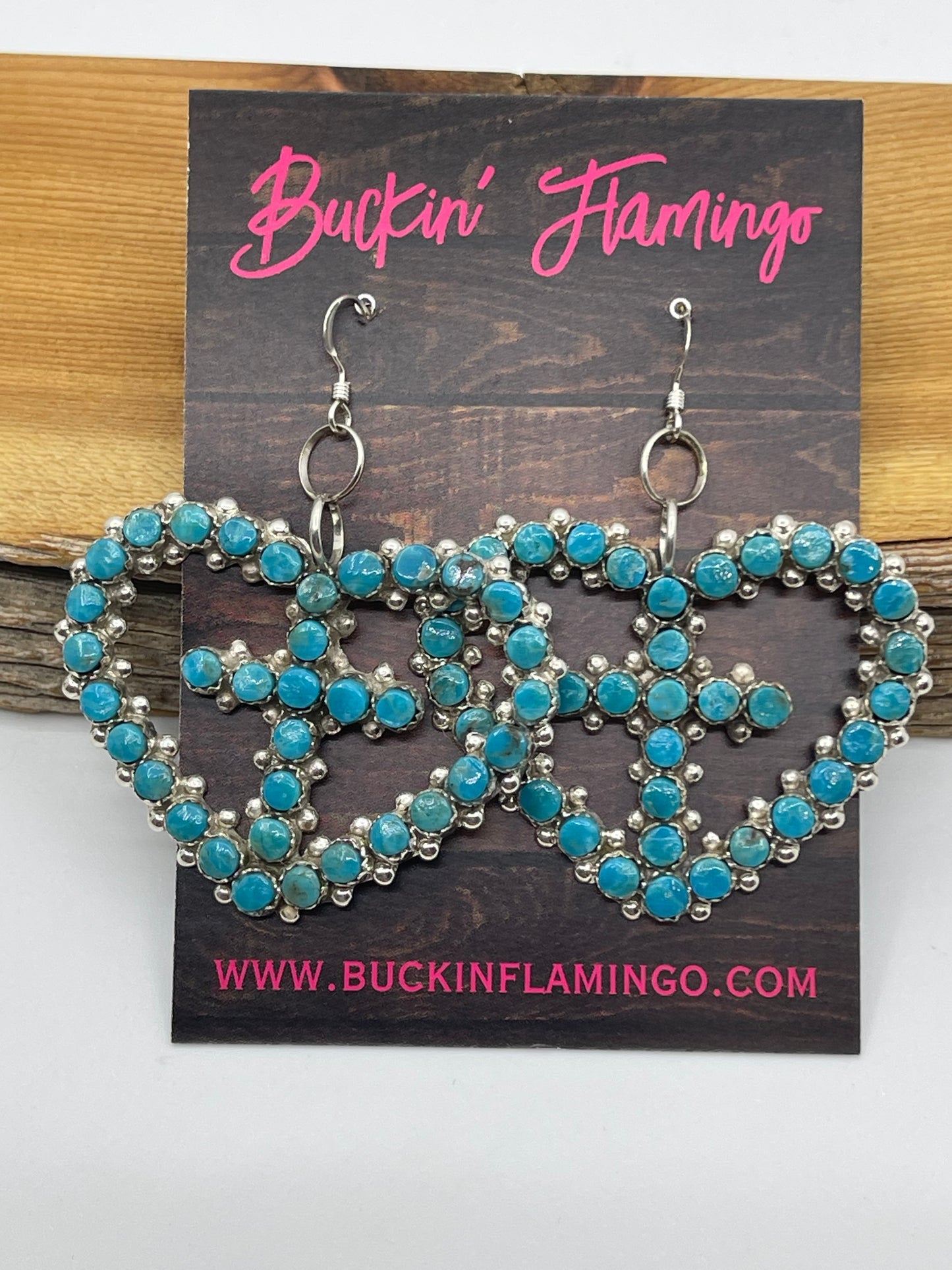 Turquoise Heart With Cross Dangle Earrings by Marlon Quam, Zuni