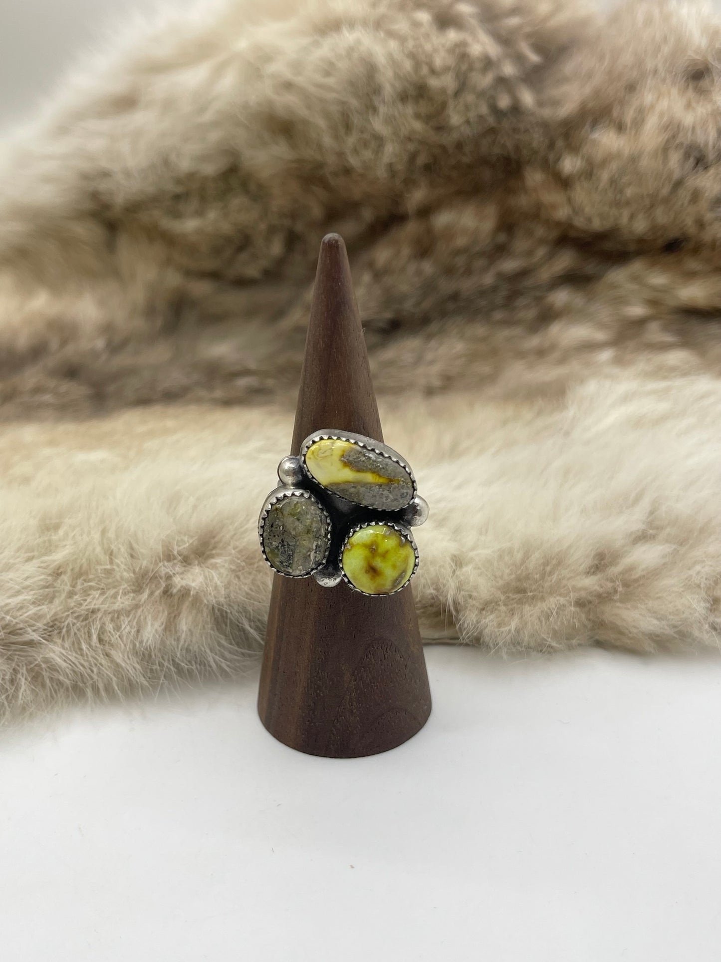 7.5 3 Stone Palomino Turquoise Ring by Phil Nez, Navajo
