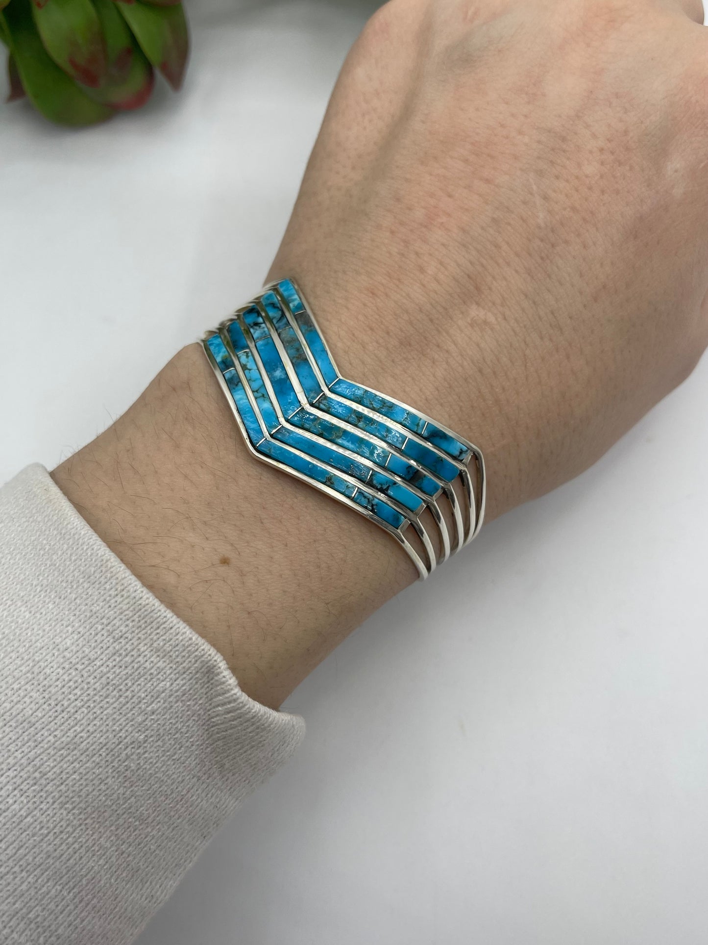 6.25" 5 Row Inlaid Turquoise Chevron Cuff