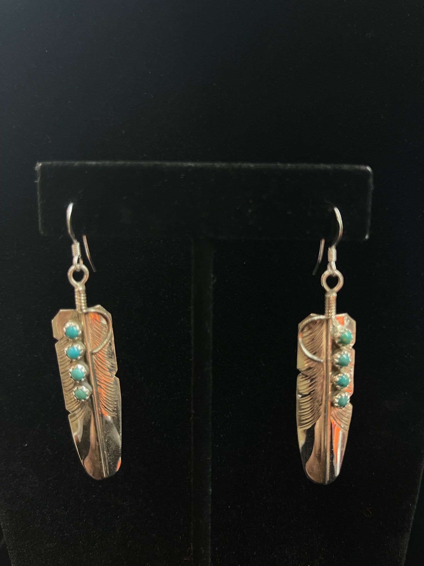 Dangle Feather Earrings with Turquoise Stones by Chester Charlie, Navajo