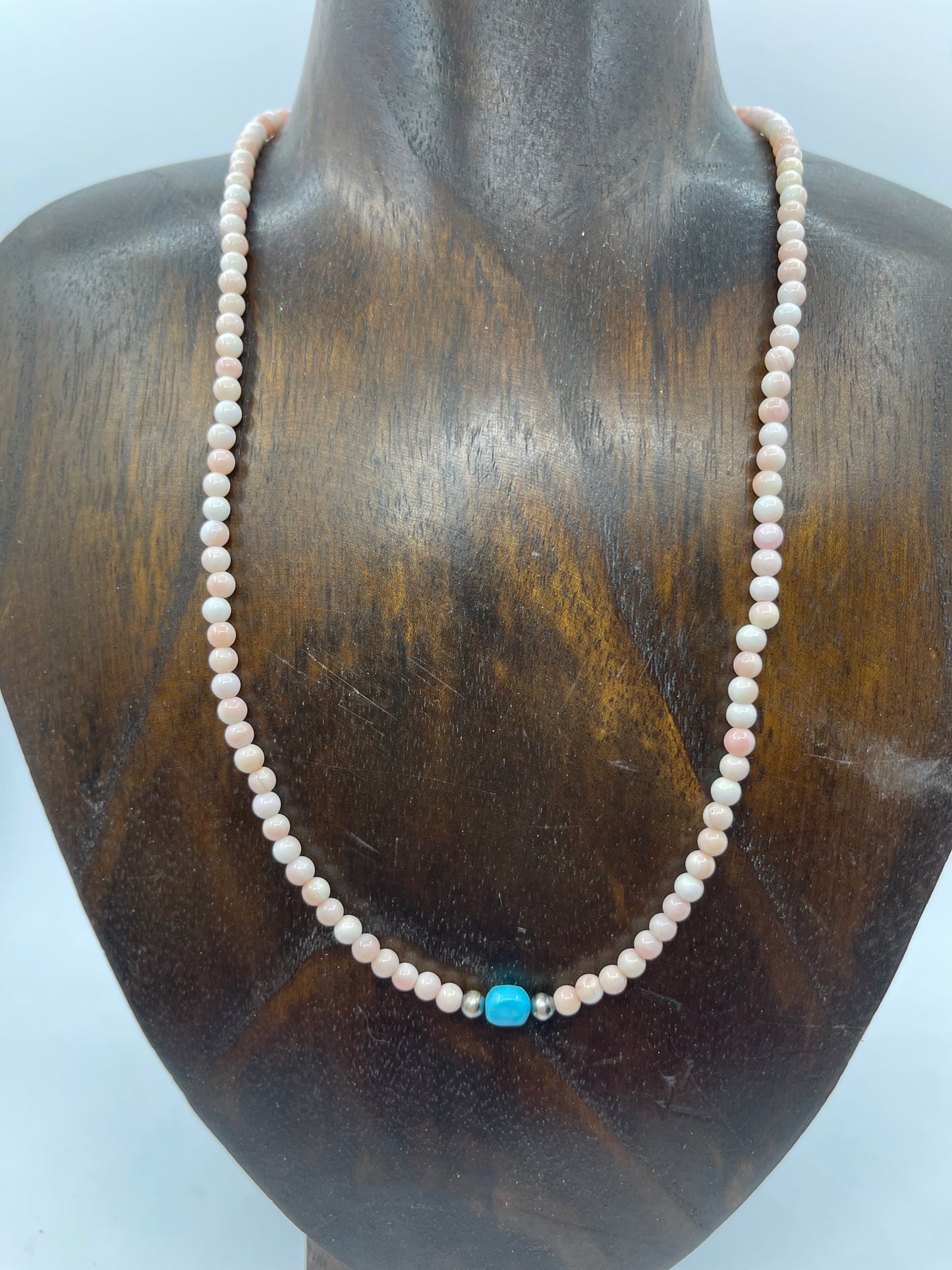 18" Pink Conch Shell and Turquoise Necklace with 3mm Navajo Pearls