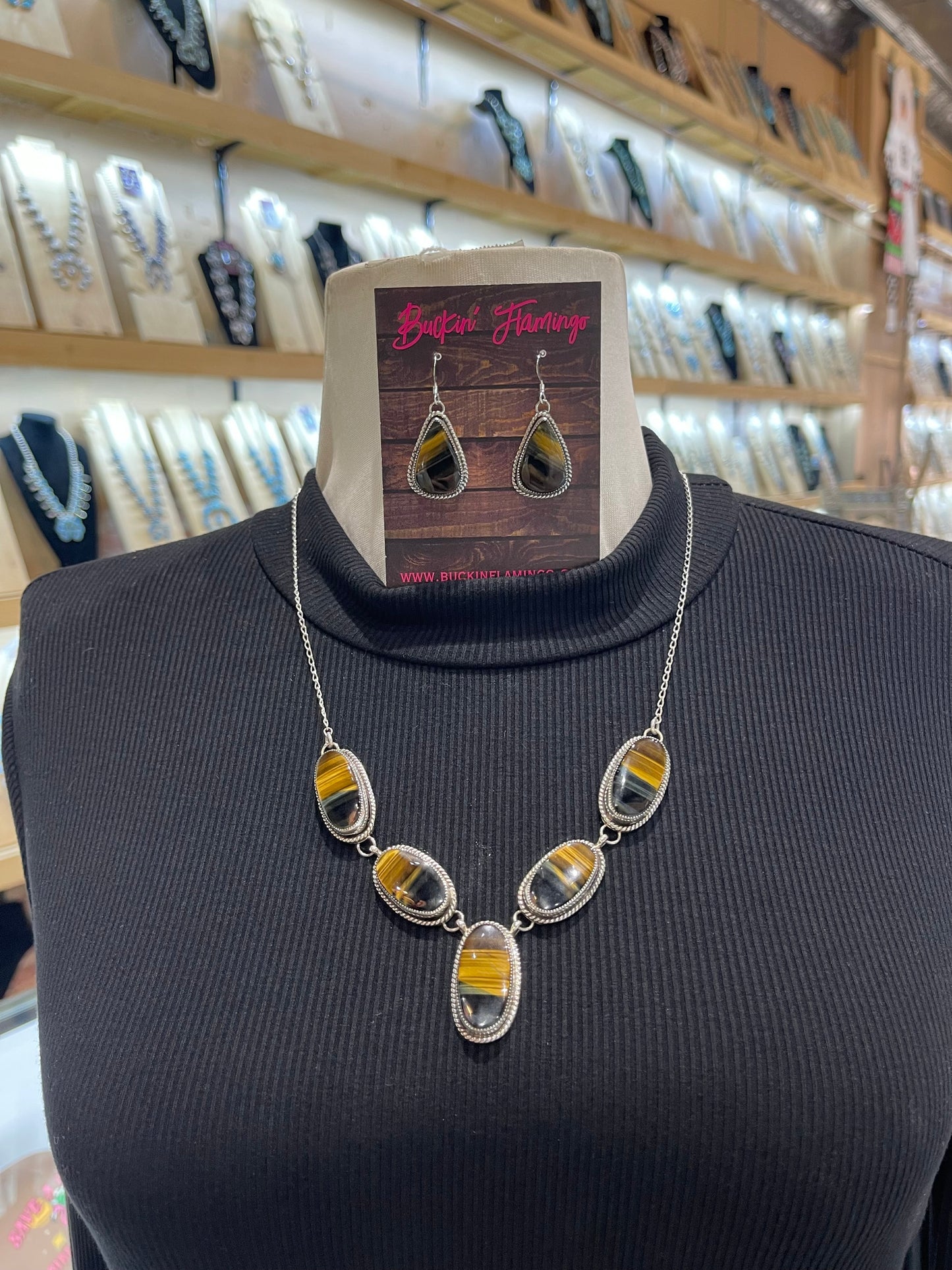 22' Tiger’s Eye Necklac end Earring Set by Joe Begay, Navajo