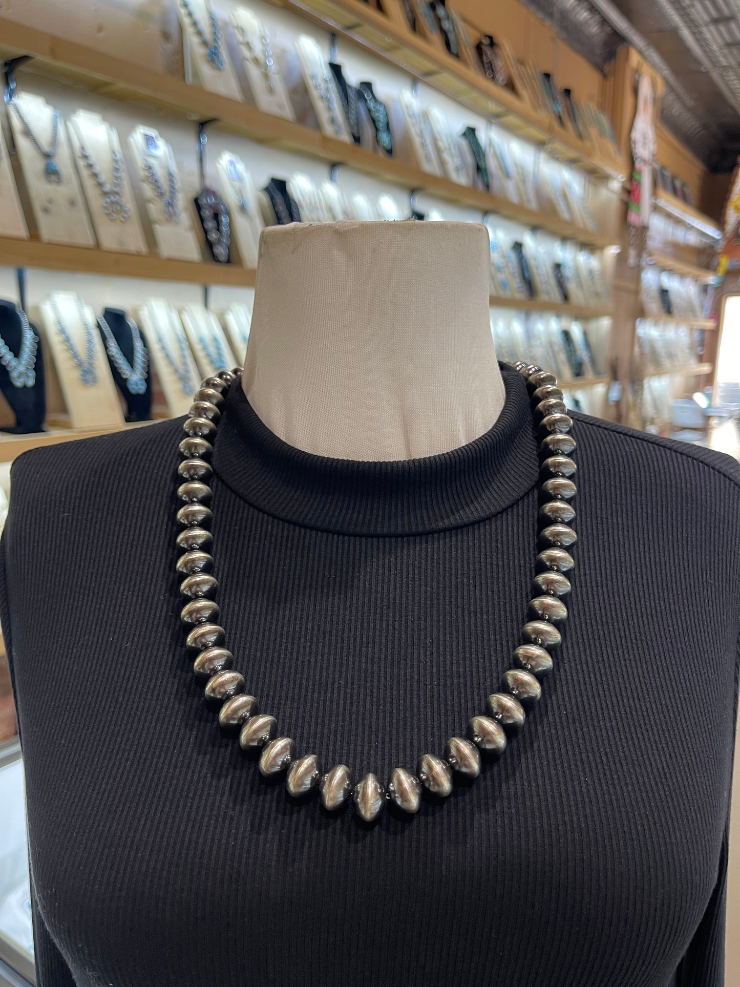 26" 14mm Handmade Heavy Silver Navajo Pearls