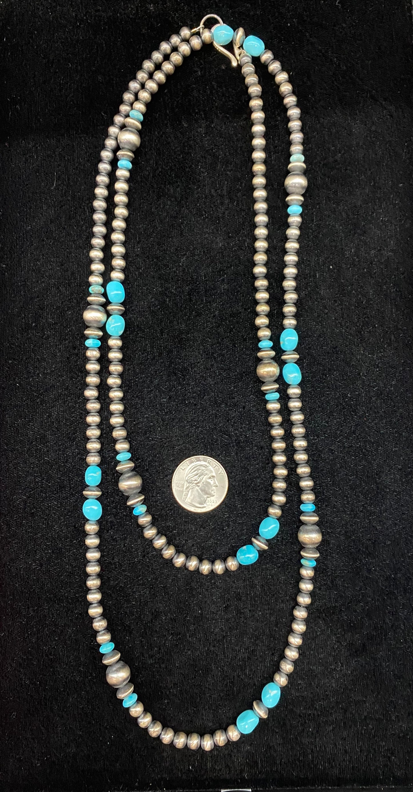50" Navajo Pearl, Navajo Saucer, and Sleeping Beauty Turquoise Bead Necklace
