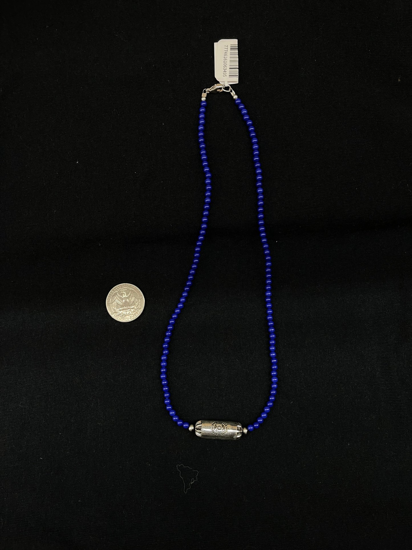 18" 4mm Lapis with Silver Stamped Barrel Necklace