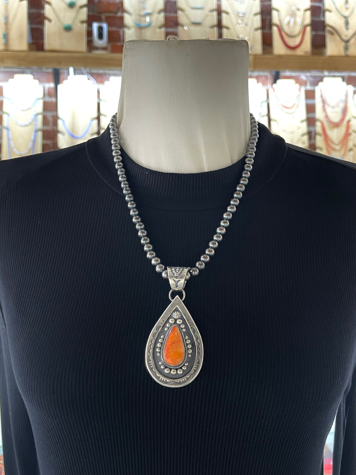 20" Orange Spiny Oyster Teardrop Necklace