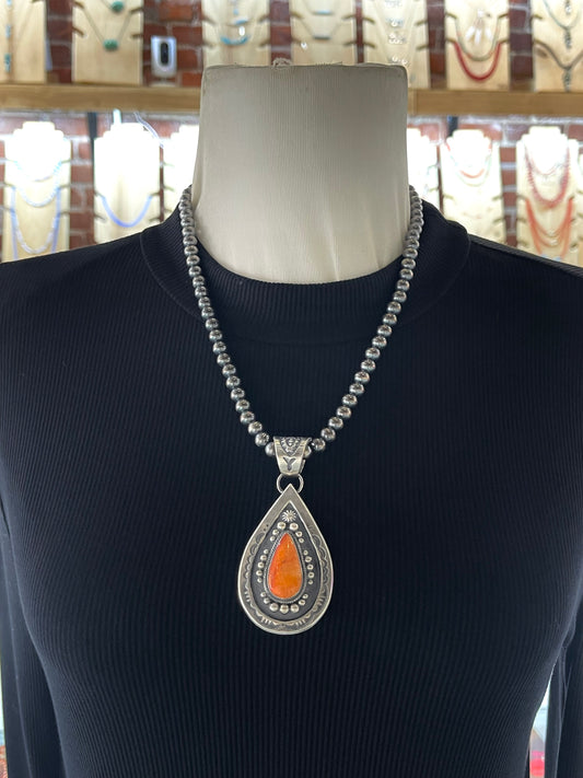 20" Orange Spiny Oyster Teardrop Necklace