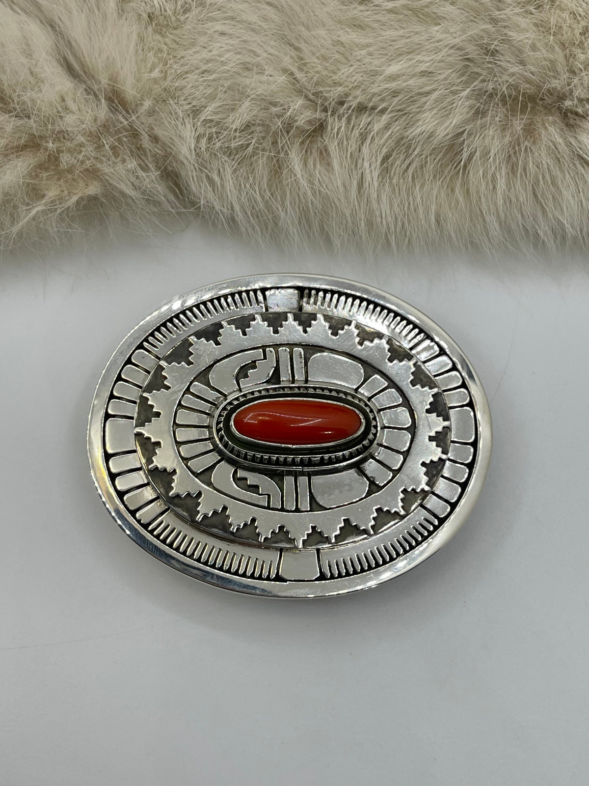 Red Coral Belt Buckle & Bolo Tie Set by Leonard Nez, Navajo